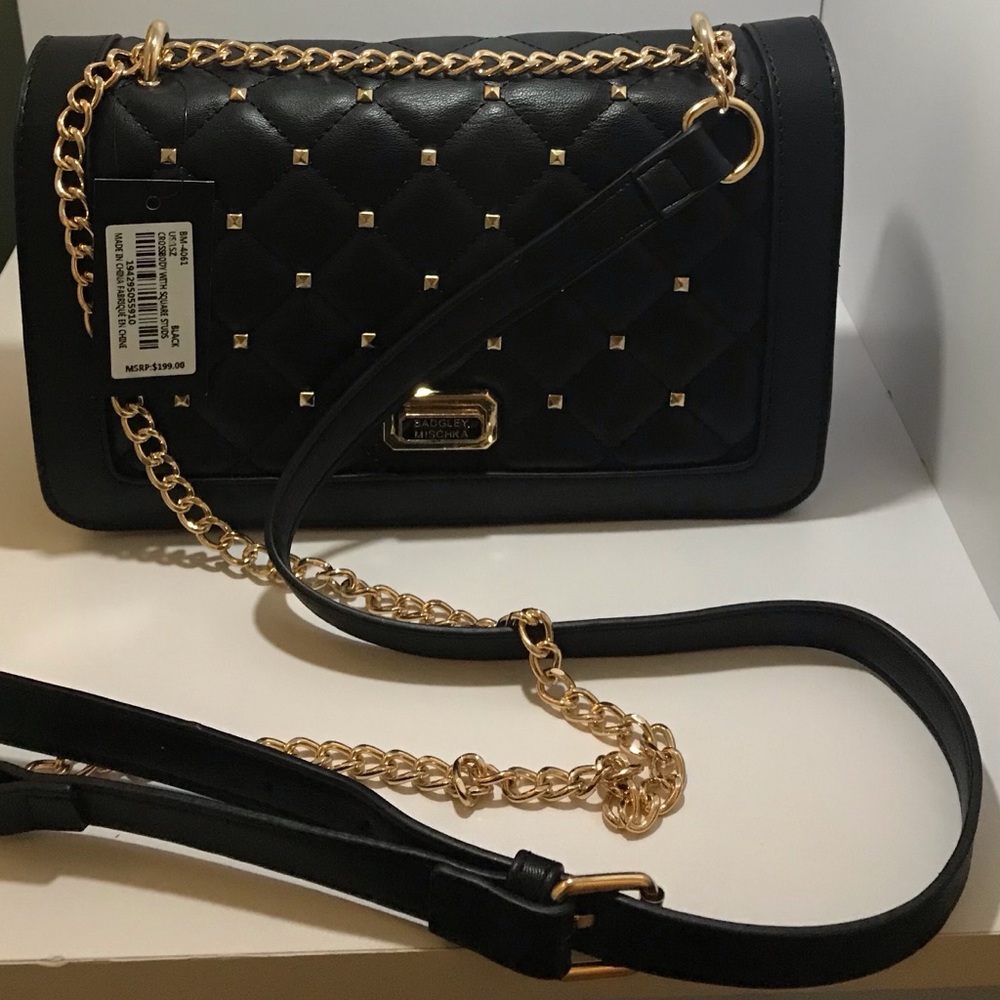 Badgley Mischka black crossbody with square studs.
